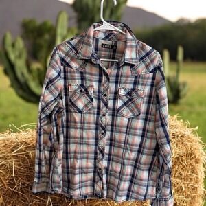 Cruel Womens Xl Long Sleeve Black‎ Pearl Snap Western Plaid Cowgirl Rodeo Farm